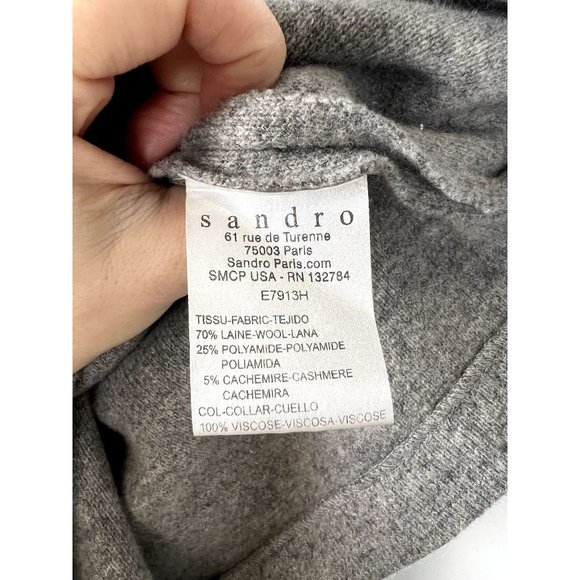 SANDRO Wool Cashmere Blend Sweater Leopard Peter Pan Collar Sz 2 Grey - Picture 9 of 10
